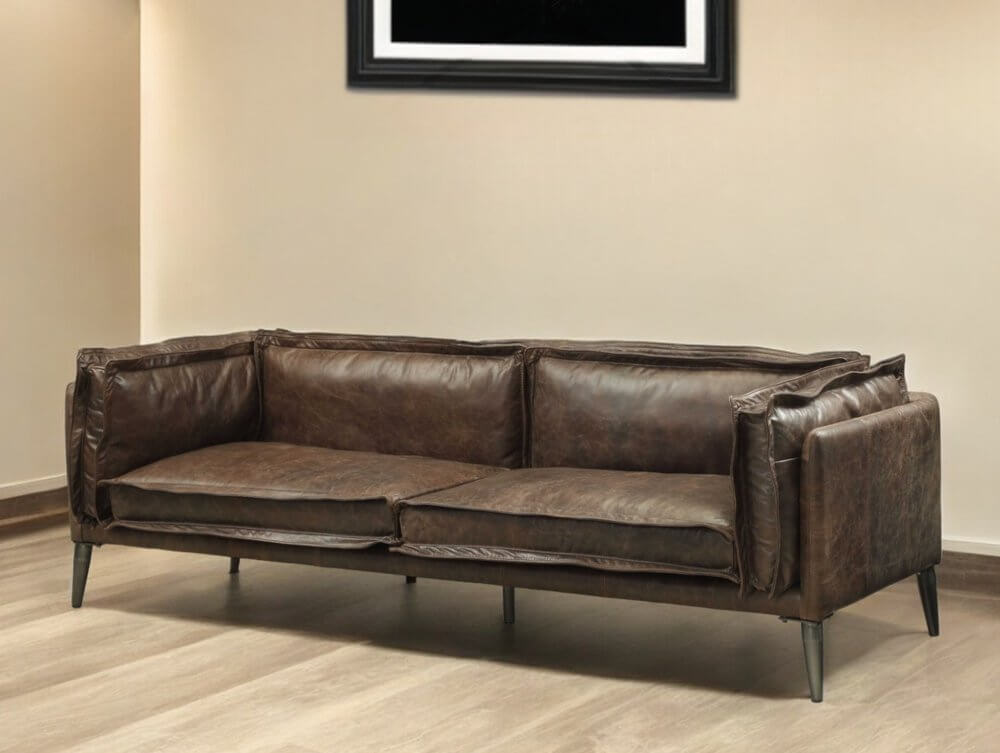 94" Chocolate Top Grain Leather Sofa With Dark Brown Legs in a modern living room setting.