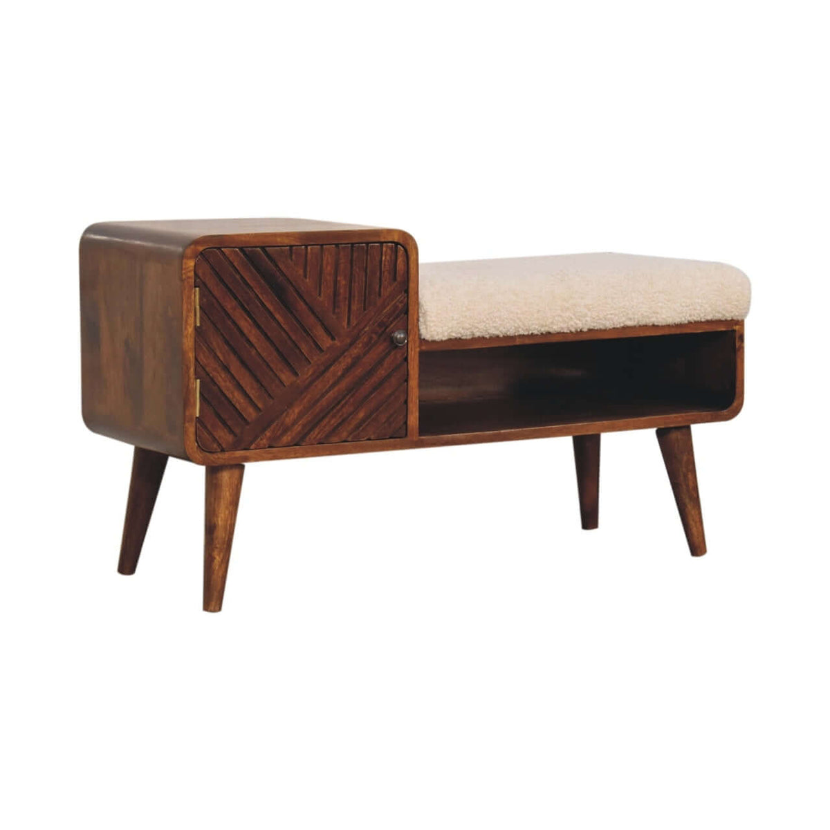 Artisan Solid Mango Wood Boucle Padded Storage Bench 35'