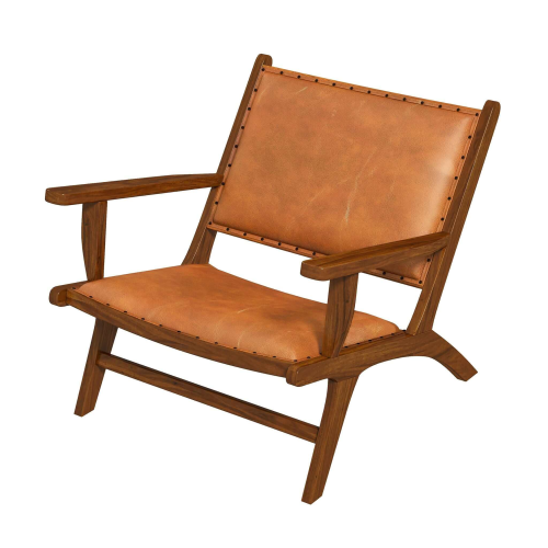 The Hendrix MCM Leather Upholstered Wood Armchair by Ashcroft Furniture Co features a solid wood frame, angled legs, wide armrests, and light brown genuine leather with visible seat and backrest stitching. Available in 2 colors.