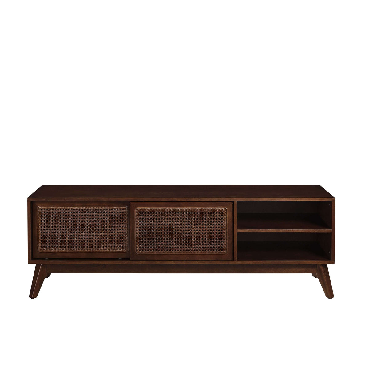 MCM Styled Wood TV Stand Rattan Cabinet Doors, Dark Stain 59" - Revel Sofa 