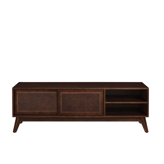 MCM Styled Wood TV Stand Rattan Cabinet Doors, Dark Stain 59" - Revel Sofa