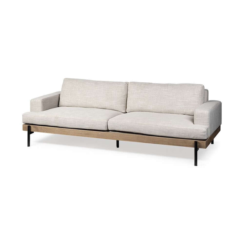 95" Beige Fabric Sofa with Black Legs | Modern Upholstered Living Room Couch on display.