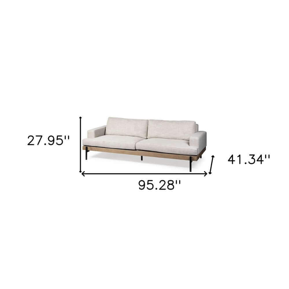 95" Beige Fabric Sofa with Black Legs | Modern Upholstered Living Room Couch dimensions with measurements 27.95" height, 41.34" depth, 95.28" width.