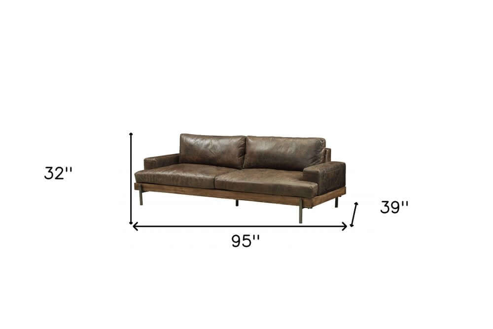 95" Chocolate Top Grain Leather Sofa with Black Legs | Modern Leather Couch dimensions with 95" length, 39" height, and 32" depth.