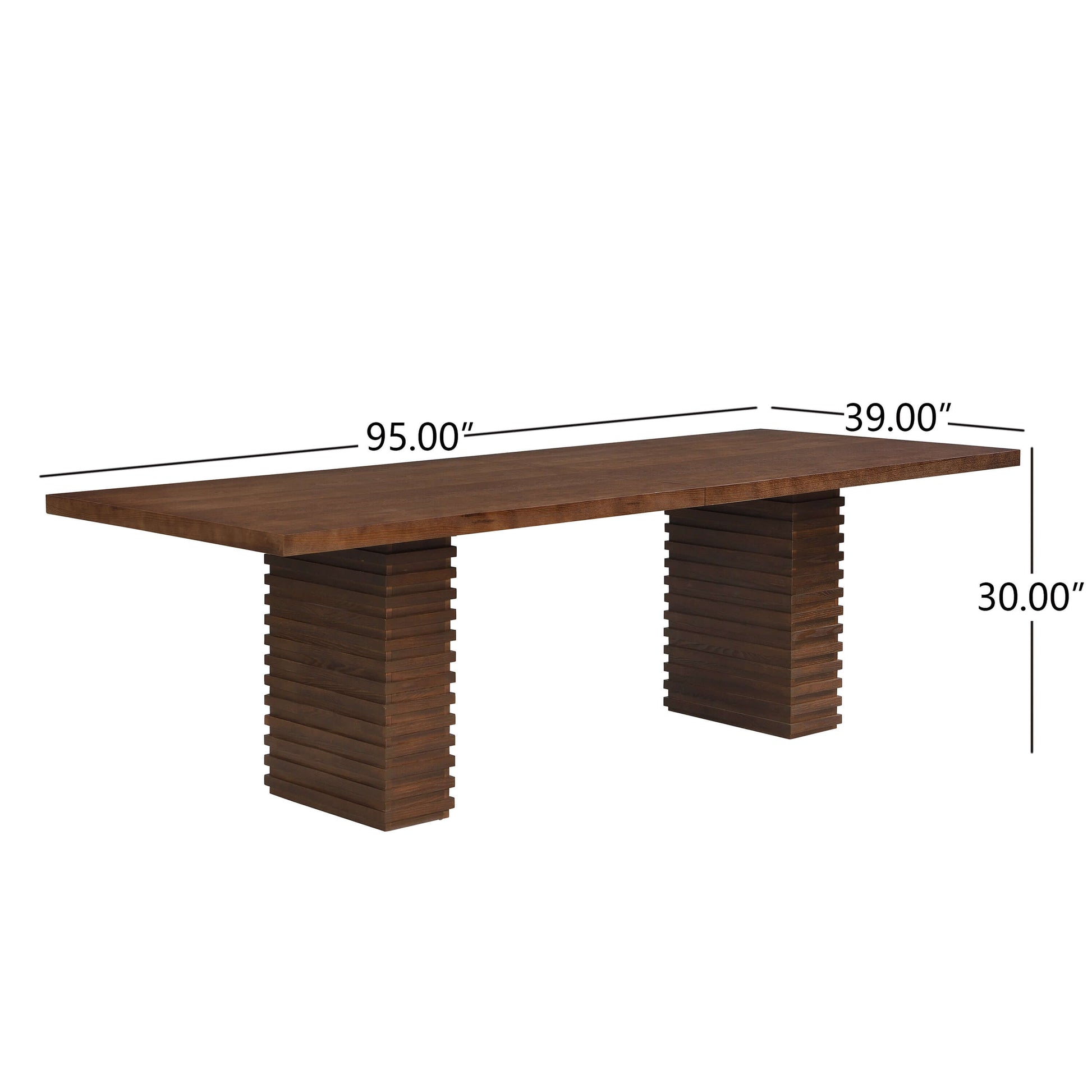 95-Inch Modern Walnut Dining Table for 8 with a sculptural double pedestal base, perfect for gatherings.