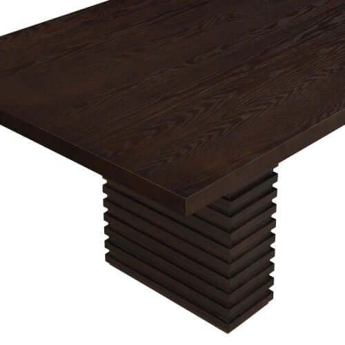 95-Inch Modern Walnut Dining Table for 8 with sculptural double pedestal base and rich espresso finish.