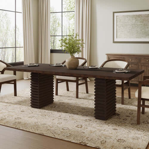 95-Inch modern walnut dining table for 8 with double pedestal base in a stylish dining room setting.