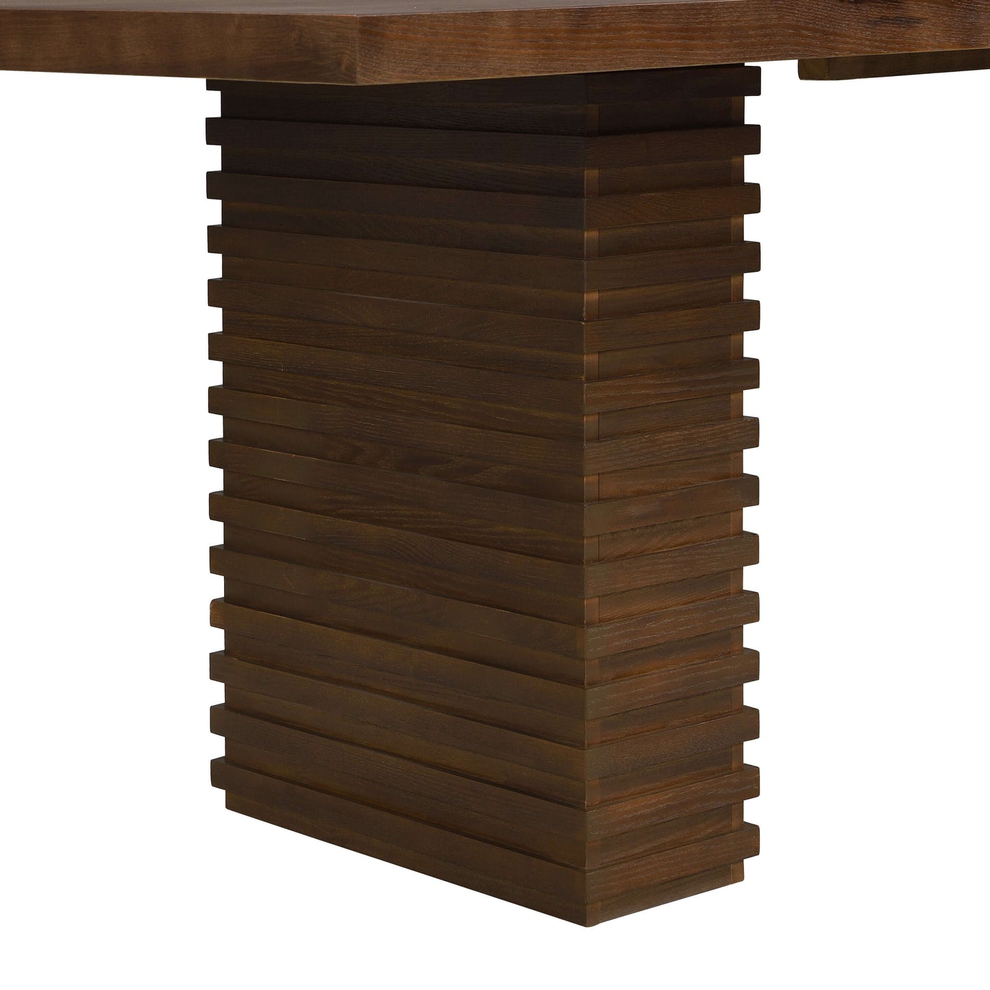 Close-up of the sculptural double pedestal base of a 95-Inch Modern Walnut Dining Table.