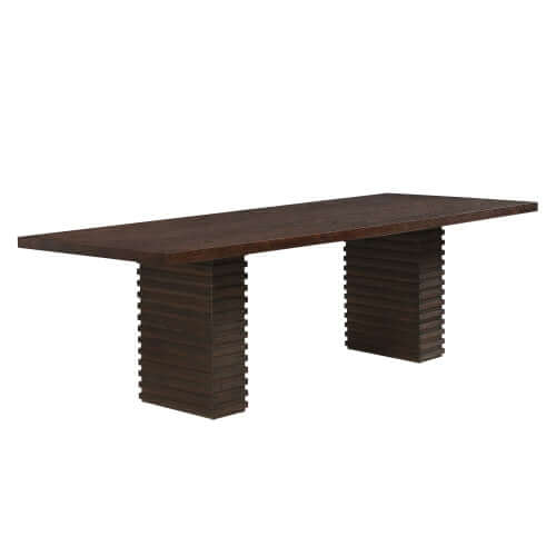 95-Inch Modern Walnut Dining Table for 8 – Large Industrial Wood dining table with sculptural double pedestal base.