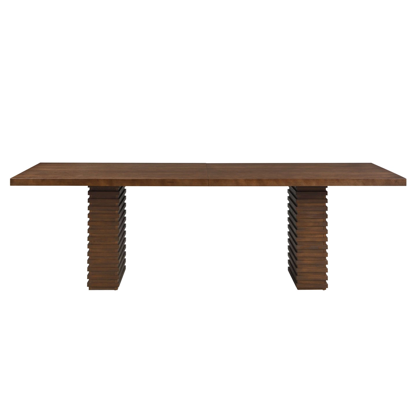 95-Inch Modern Walnut Dining Table for 8 with sculptural double pedestal design, perfect for gatherings.