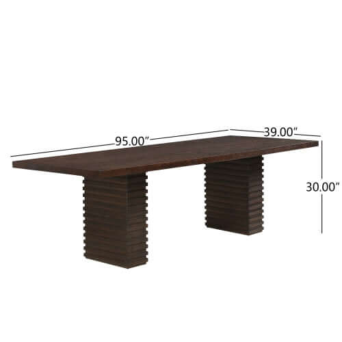 95-Inch Modern Walnut Dining Table, spacious design for 8, industrial style double pedestal base, elegant dining table.