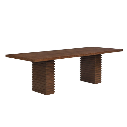 95-Inch Modern Walnut Dining Table for 8 with sculptural double pedestal base, perfect for gatherings around a stylish dining table.