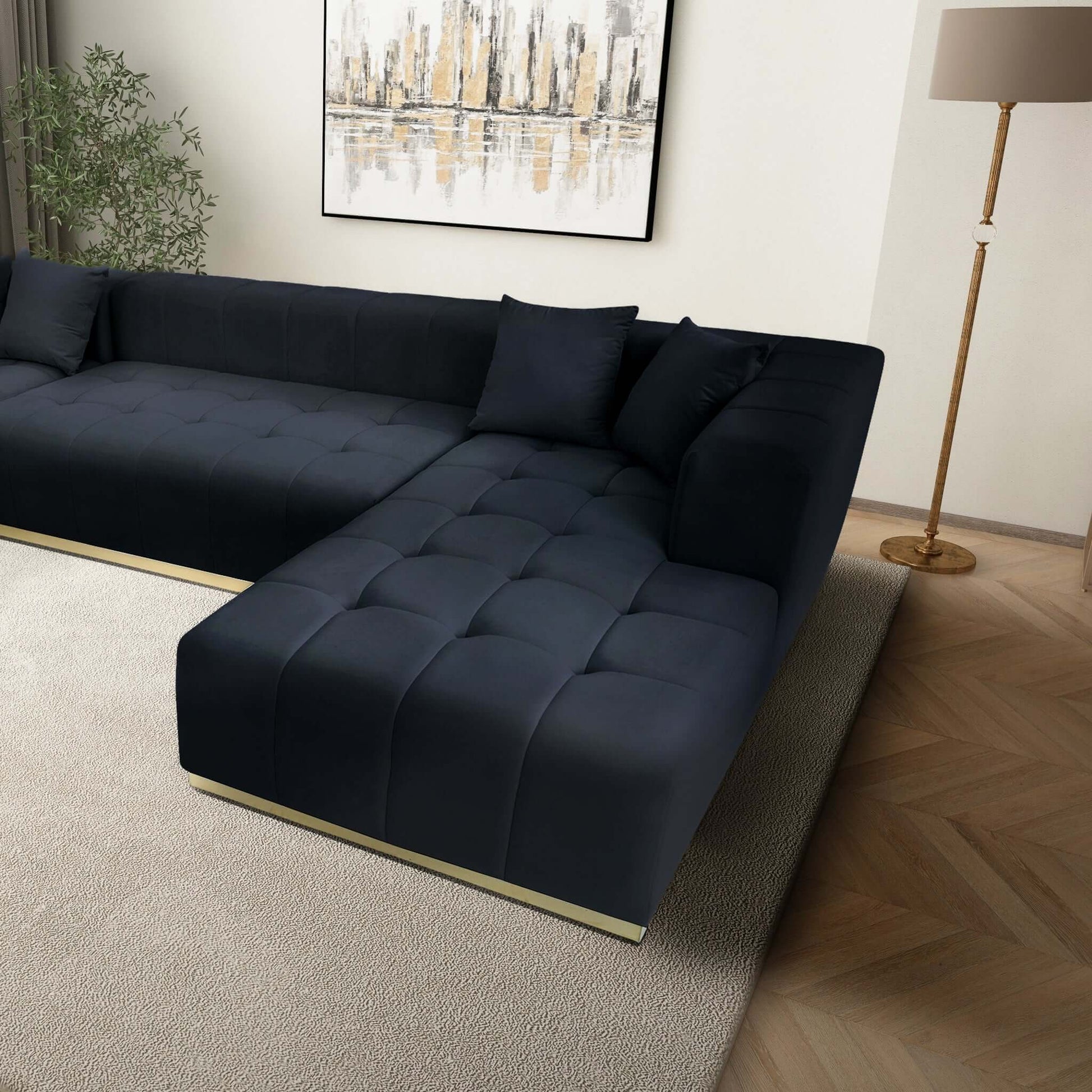 Nolan Tufted Velvet U-Shape Dual Chaise Sofa Sectional in navy blue with deep tufting and plush cushions.