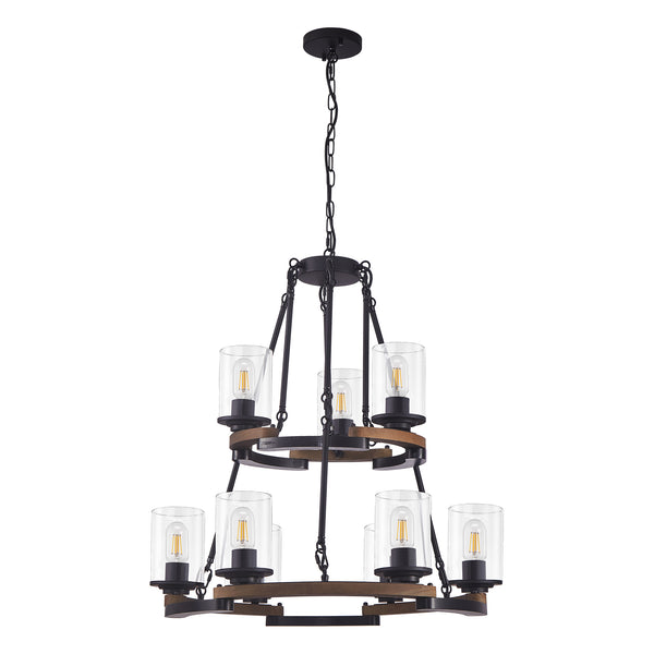 Vintage Wagon Wheel Chandelier, Rustic Farmhouse Black Wood Ceiling Light with Adjustable Height, Living Room, Entryway, Kitchen