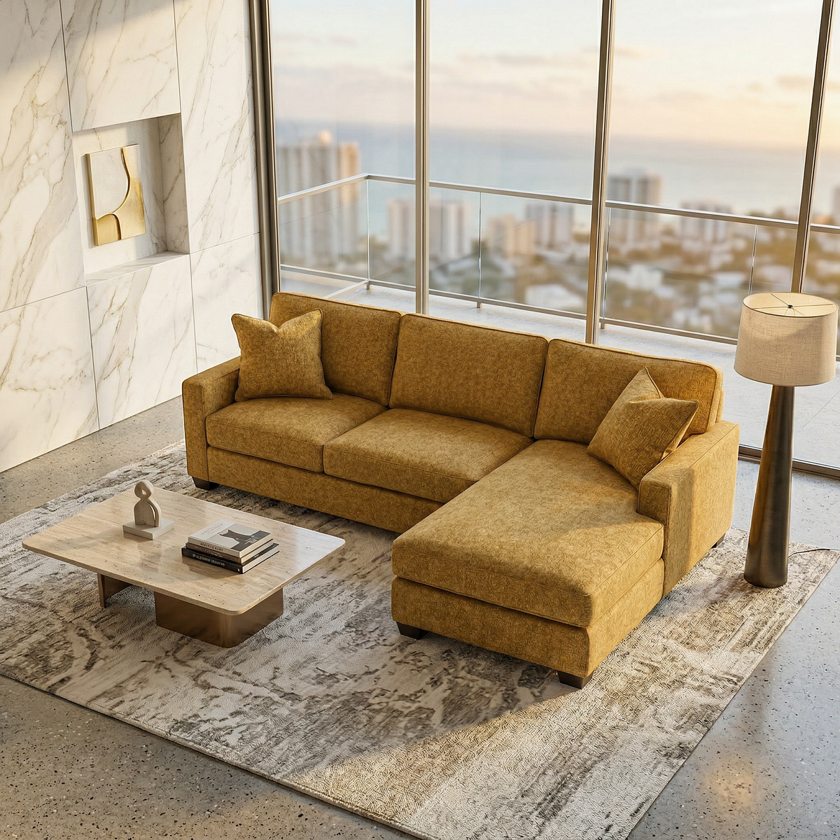 Clifford L-Shaped Sectional Sofa – Made in USA, 9 Fabric Options - Hepburn Chai Tea Yellow Fabric (10)