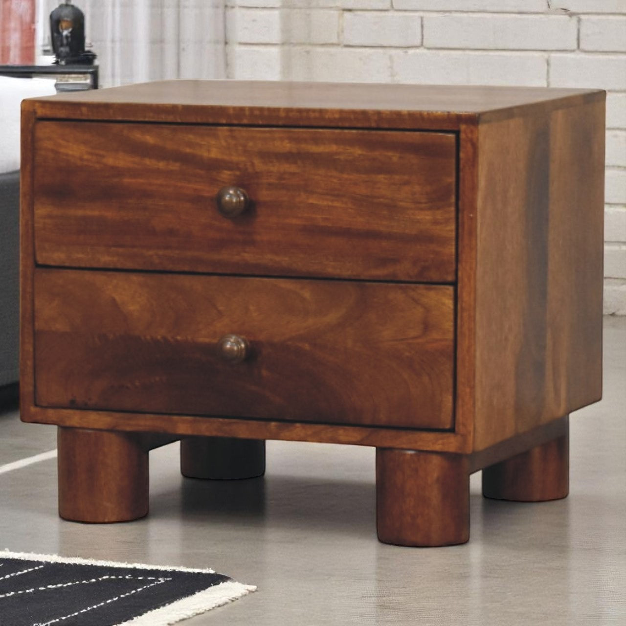 Tula Chestnut Mango Wood Nightstand – 17.7" 2-Drawer Bedside Table with Cylindrical Legs