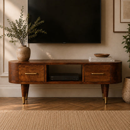 Valenza Chestnut Mango Wood Media Unit – 39.4" TV Stand with Drawers, Open Shelf & Brass Accents