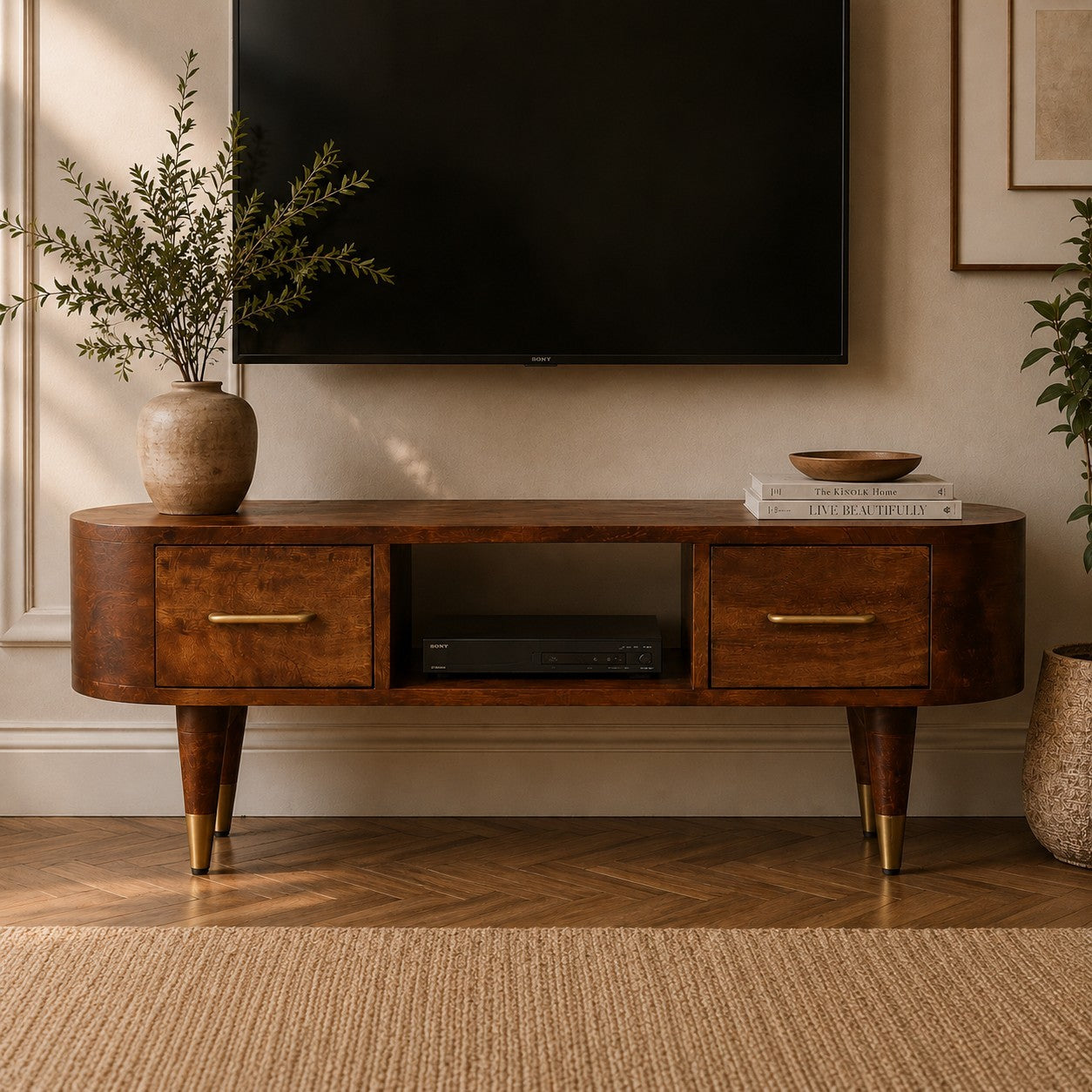 Valenza Chestnut Mango Wood Media Unit – 39.4" TV Stand with Drawers, Open Shelf & Brass Accents