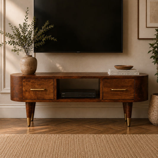 Valenza Chestnut Mango Wood Media Unit – 39.4" TV Stand with Drawers, Open Shelf & Brass Accents