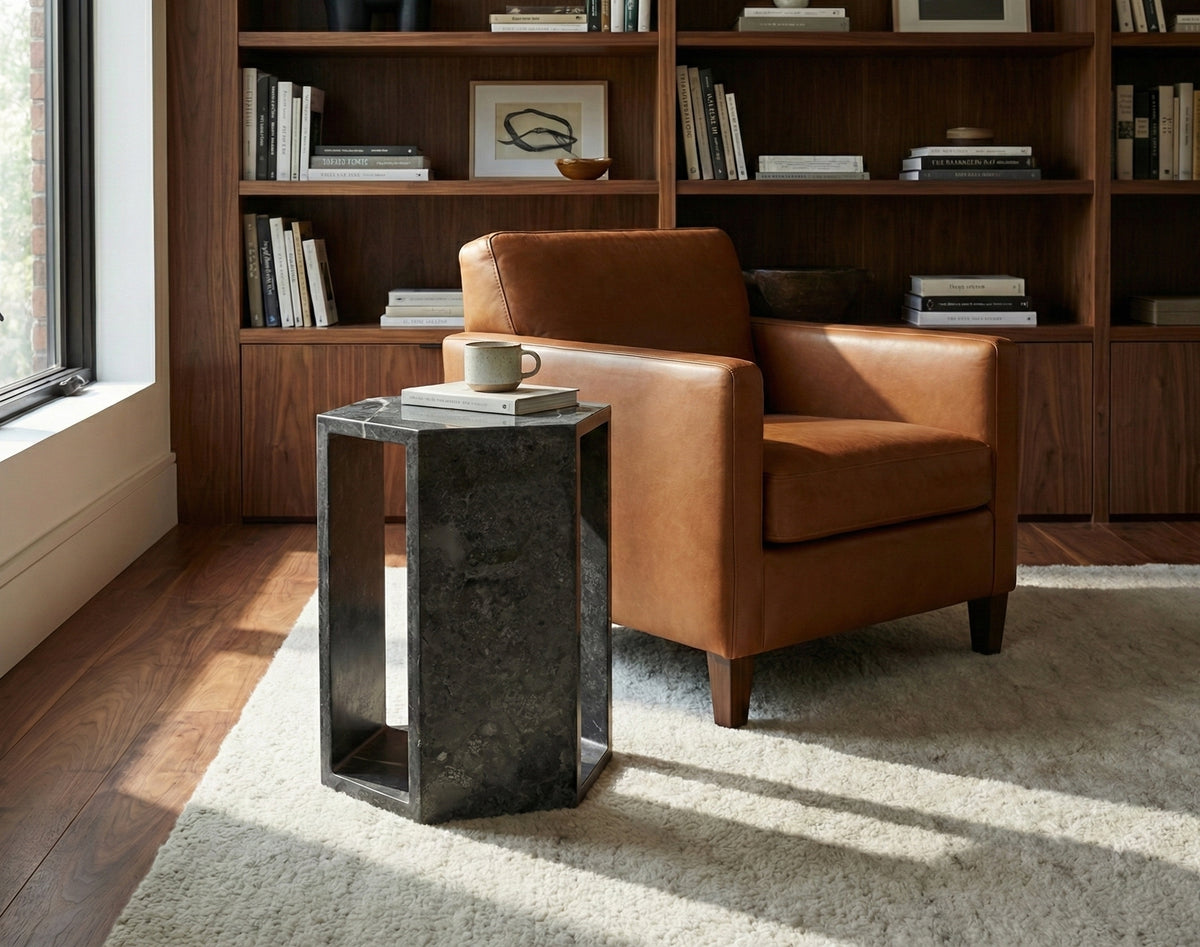 Modern Dark Grey Natural Marble Side Table, Hexagonal Geometric Pedestal Stand