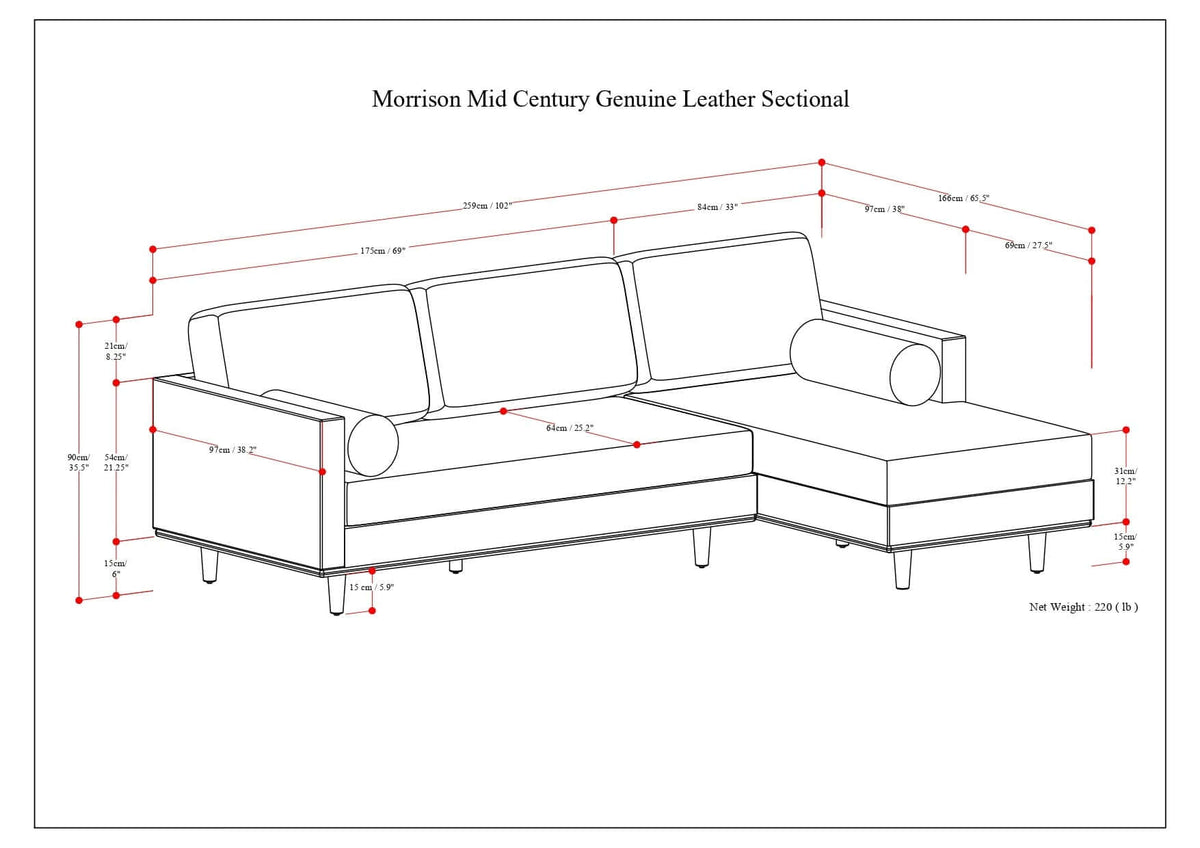 Morrison MCM Genuine Leather Sectional Chaise Sofa 102" – Modern Leather Chaise Sectional (2 Colors) dimensions diagram.