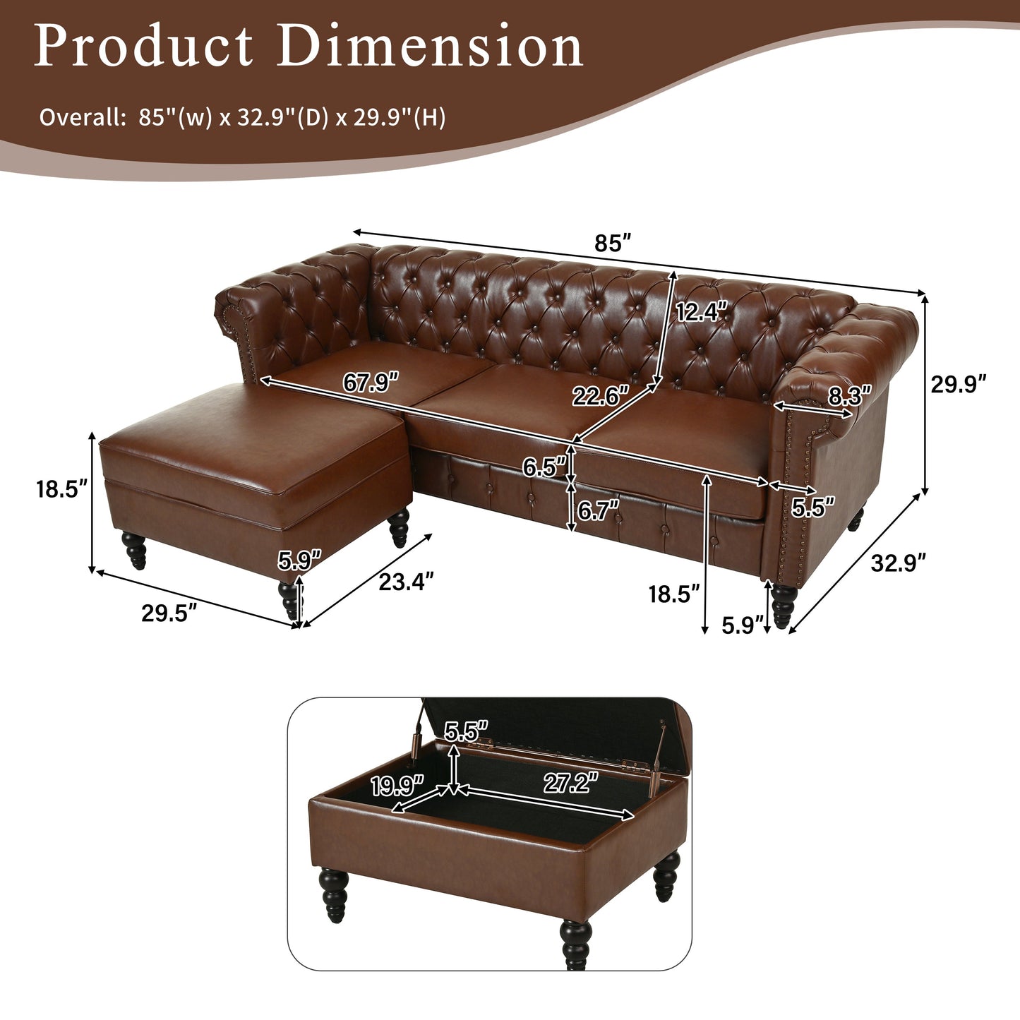 Calder Faux Leather Sectional – 85" L-Shaped 4-Seater with Storage Ottoman (2 Colors)