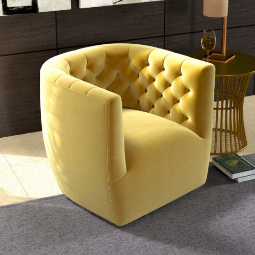 Delaney Tufted Swivel Barrel Chair – Modern Accent Chair (Multiple Colors & Fabrics) in yellow upholstery with tufted design.