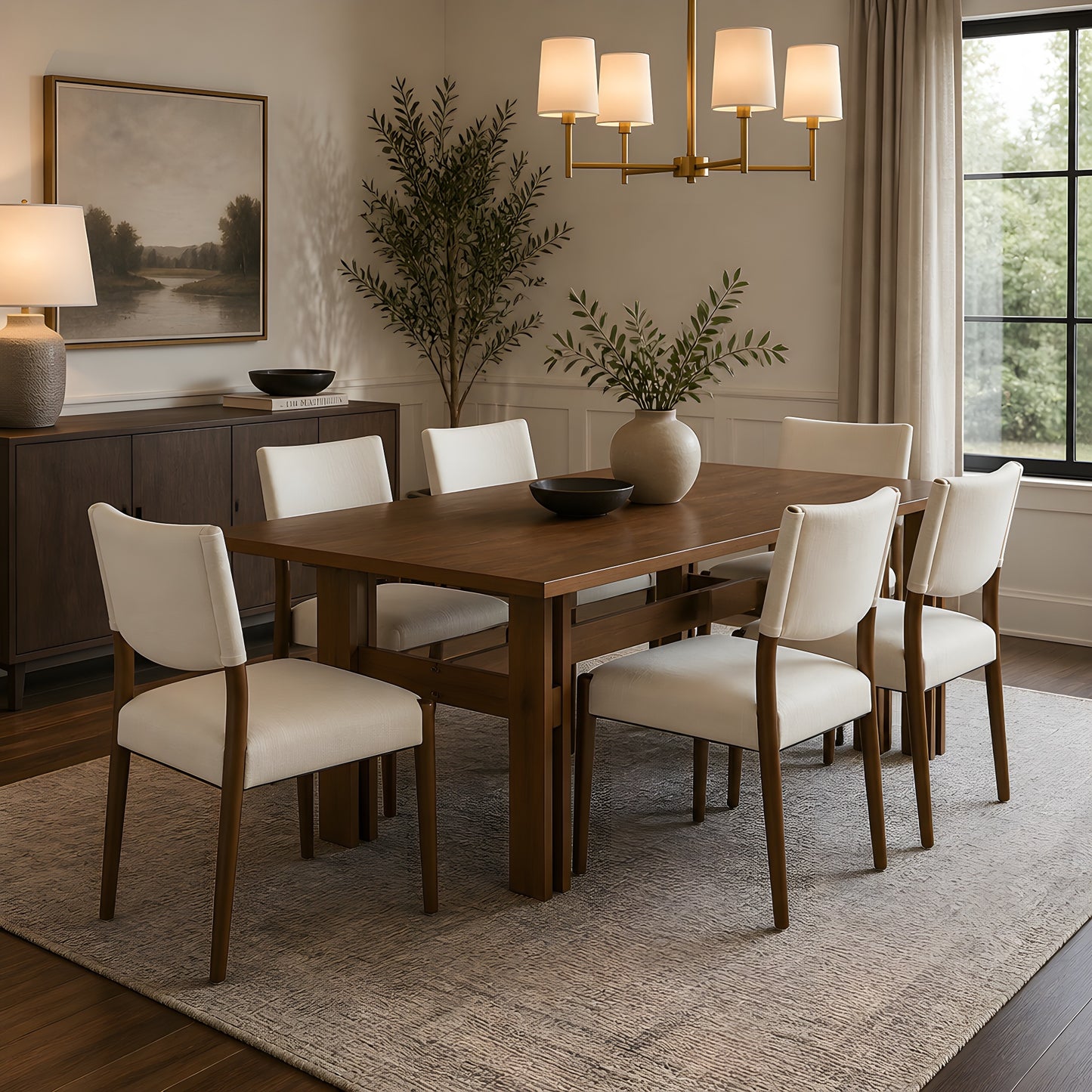 Hartley Walnut & Beige 7-Piece Dining Set – 71" Table with 6 Upholstered Chairs