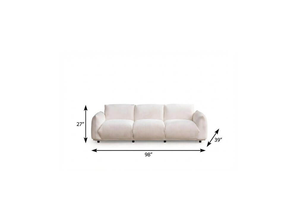 98" White Velvet Sofa dimensions showing width, height, and depth for optimal space planning.