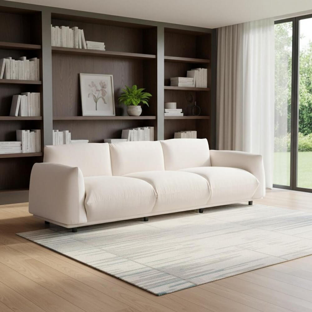 98" White Velvet Sofa in a modern living room with bookshelves and natural light.
