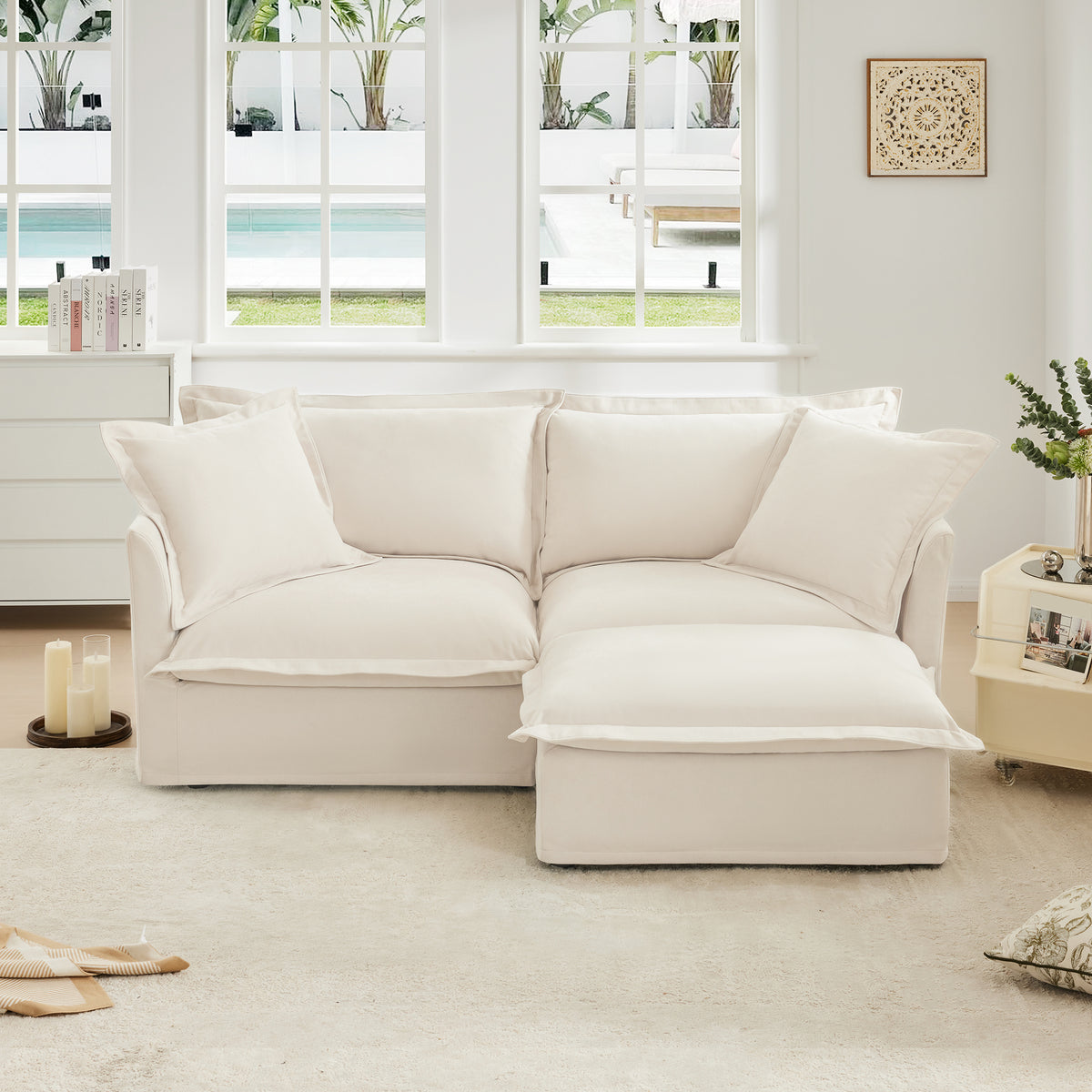 Slipcovered Sectional 2 Seater Sofa Couch with Convertible Ottoman, with Detachable Cover and Soft Multiple Big Pillows