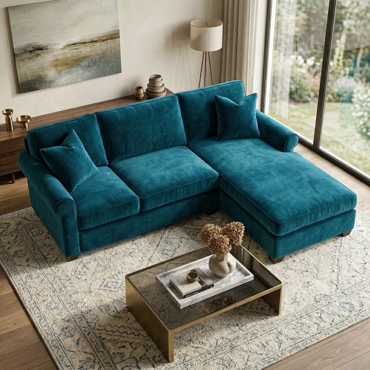 Irlanda Upholstered L-Shaped Sectional – 120" Made-in-USA Sectional Sofa - Velvet Antique Peacock - Velvet (10)