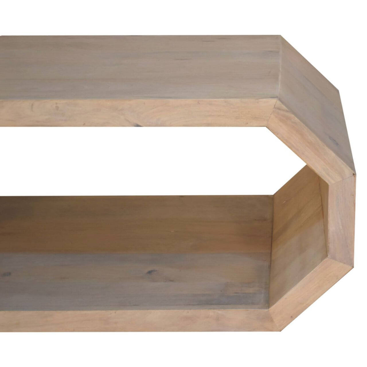 Solid wood hexagonal coffee table showcasing a unique geometric design and natural wood finish, perfect for modern spaces.