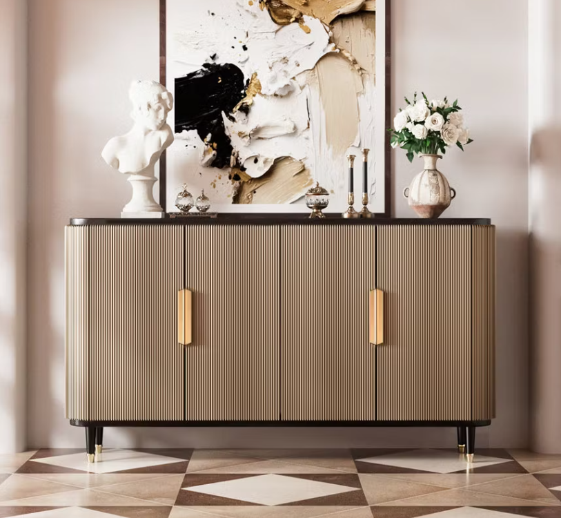 Grenville Champagne Sideboard – 59" Curved Ceramic-Top Storage Cabinet