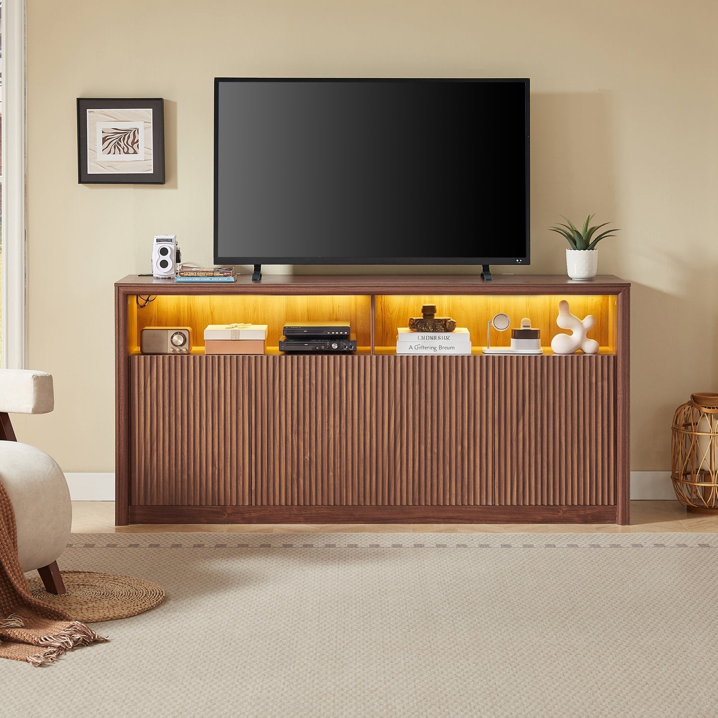 Clementine Walnut Fluted Sideboard – 67" LED Buffet Cabinet with Power Outlets