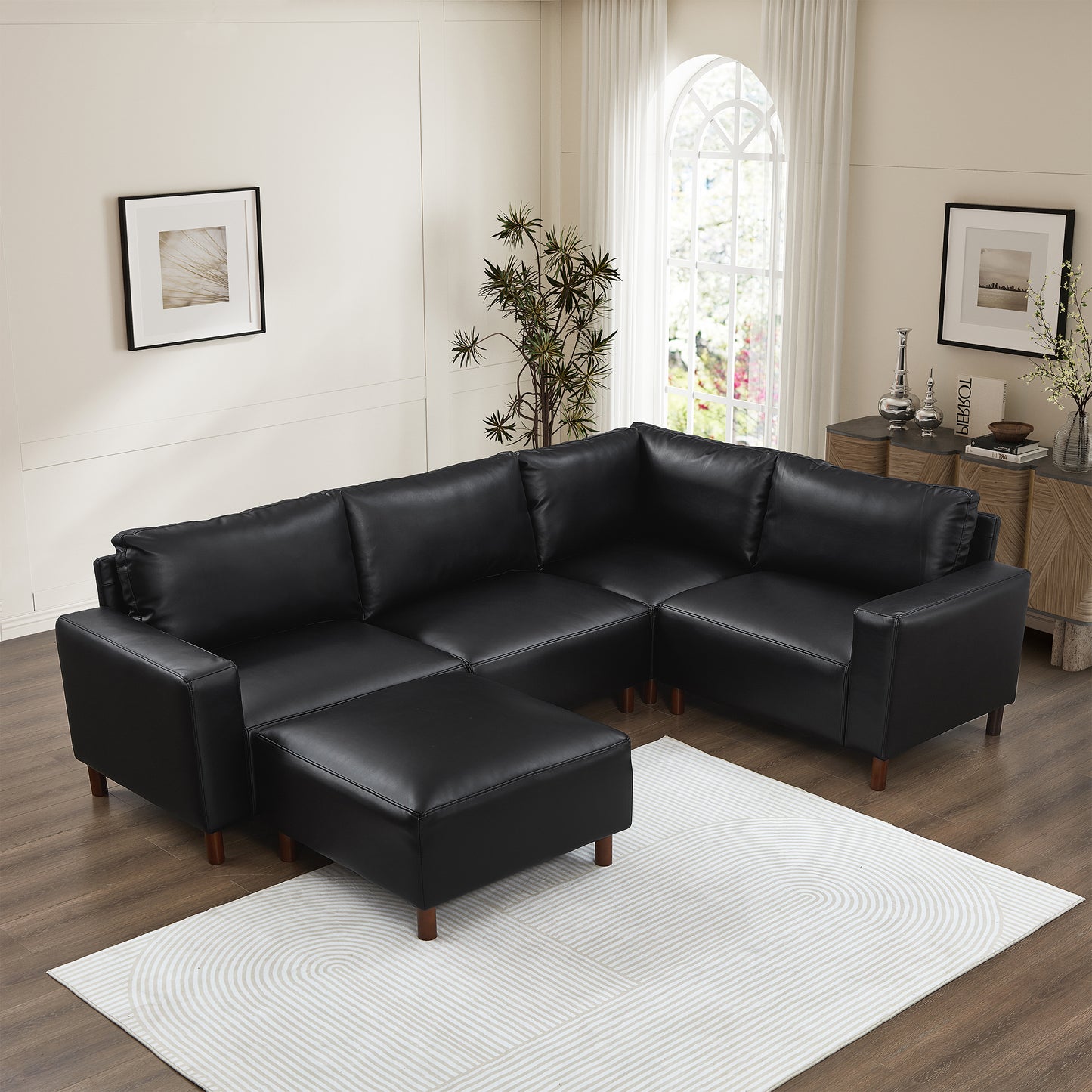 Otis Black PU Leather Modular Corner Sectional – 104" 4-Seat Couch with Ottoman