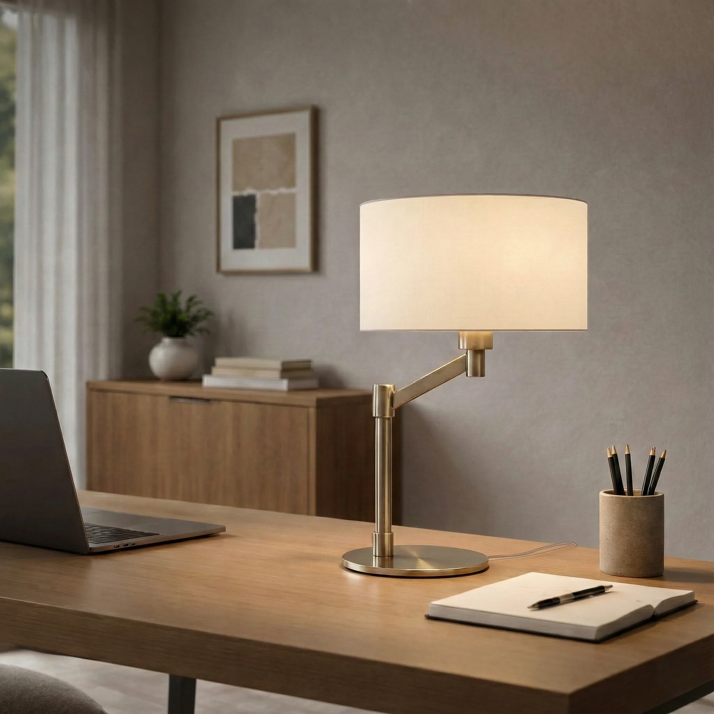 Horizon Brushed Nickel Table Lamp – 19" Curved Base Linen Shade Lamp