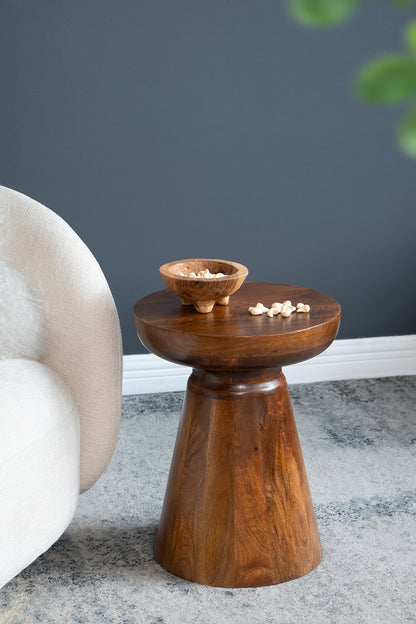 Benning Brown Mango Wood Pedestal Side Table – 14" Round Accent Side Table