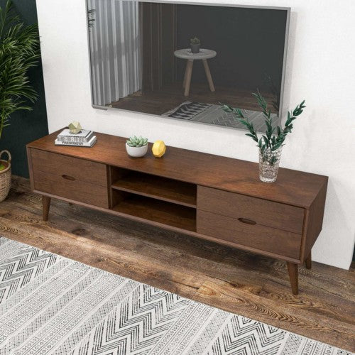 Adrian MCM Solid Wood Media Console TV Stand – 71” Walnut Entertainment Center (Fits Up to 72” TVs) in a modern living room.