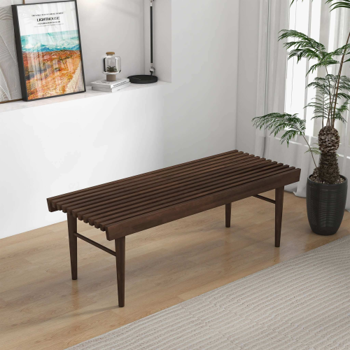 Mia Solid Teak Wood Bench – 47” Slatted Walnut Bench (Mid-Century Modern Accent Seating) in a modern living space.