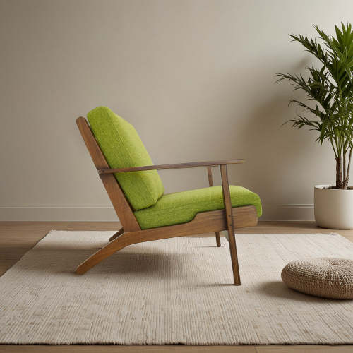 Connor Solid Wood Linen Armchair – Mid-Century Modern Lounge Chair (4 Colors) in green upholstery, side view.