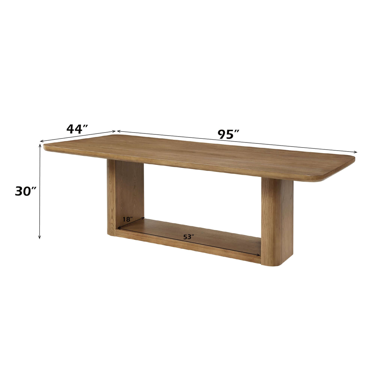 Zoey Contemporary Oak Wood Dining Table 95" with measurements showing length, width, and height.