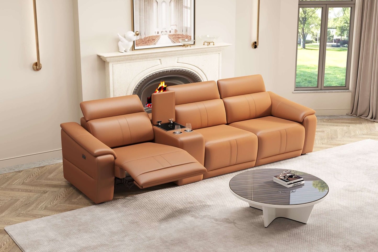 118" Modular Leather Recliner Sectional Sofa – 3-seat Power Reclining Sofa with Cup Holders in modern living room setting.