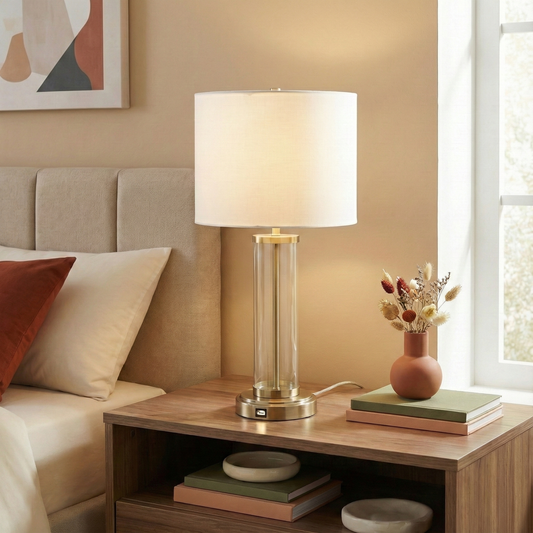Jonah Brushed Nickel Table Lamp – 28"H Clear Glass Body Lamp with Fabric Shade