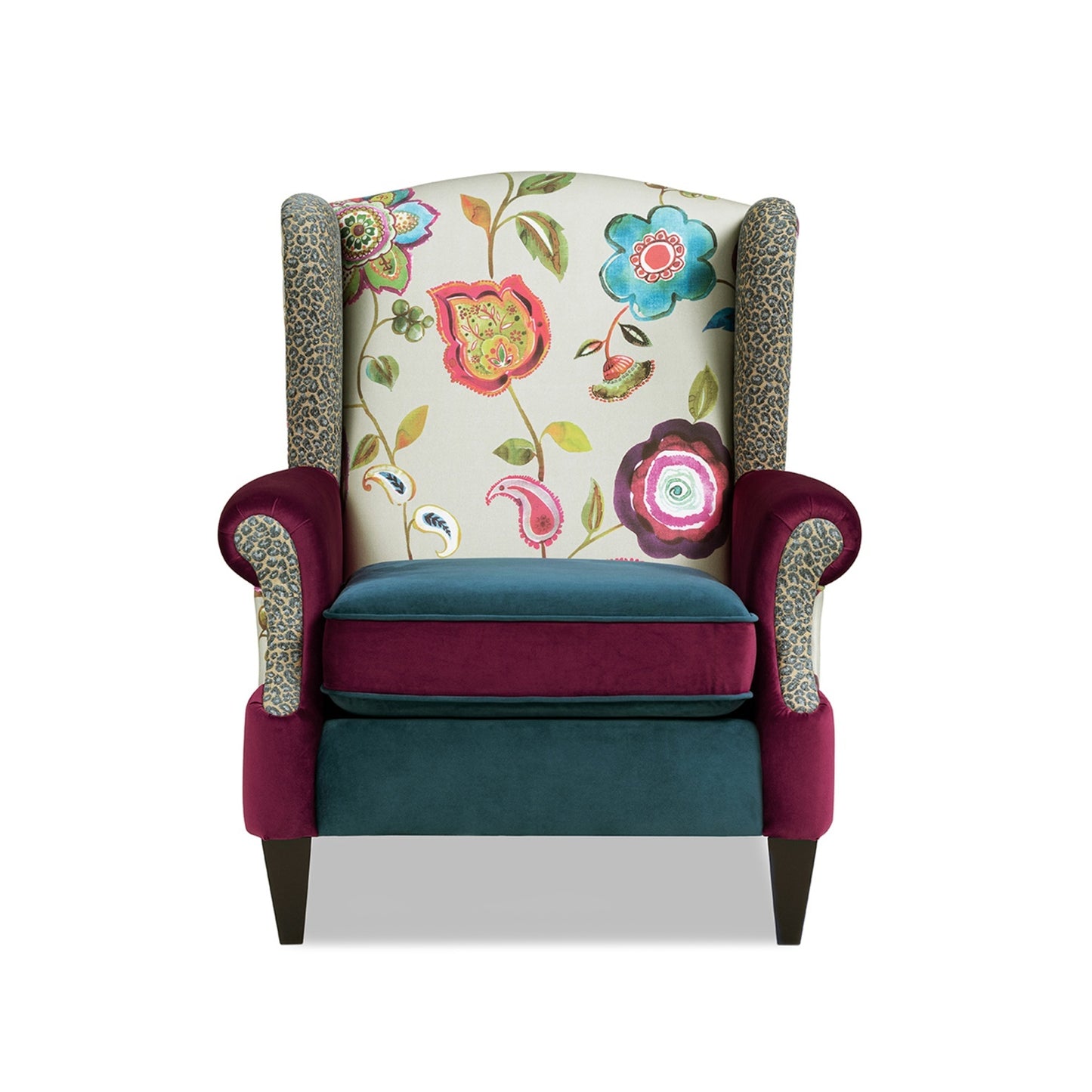 Anya Wingback Accent Chair – Teal-Blue Floral Print Arm Chair