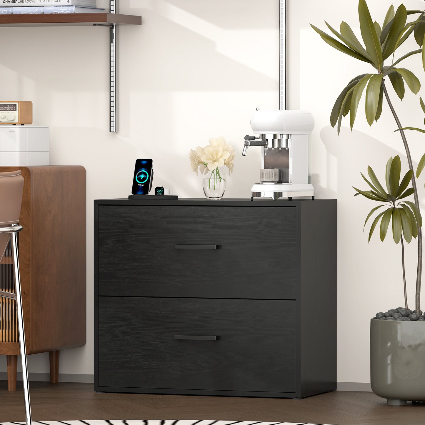Redmond Black Wood-Grain Lateral File Cabinet – 27.6" 2-Drawer Printer Stand