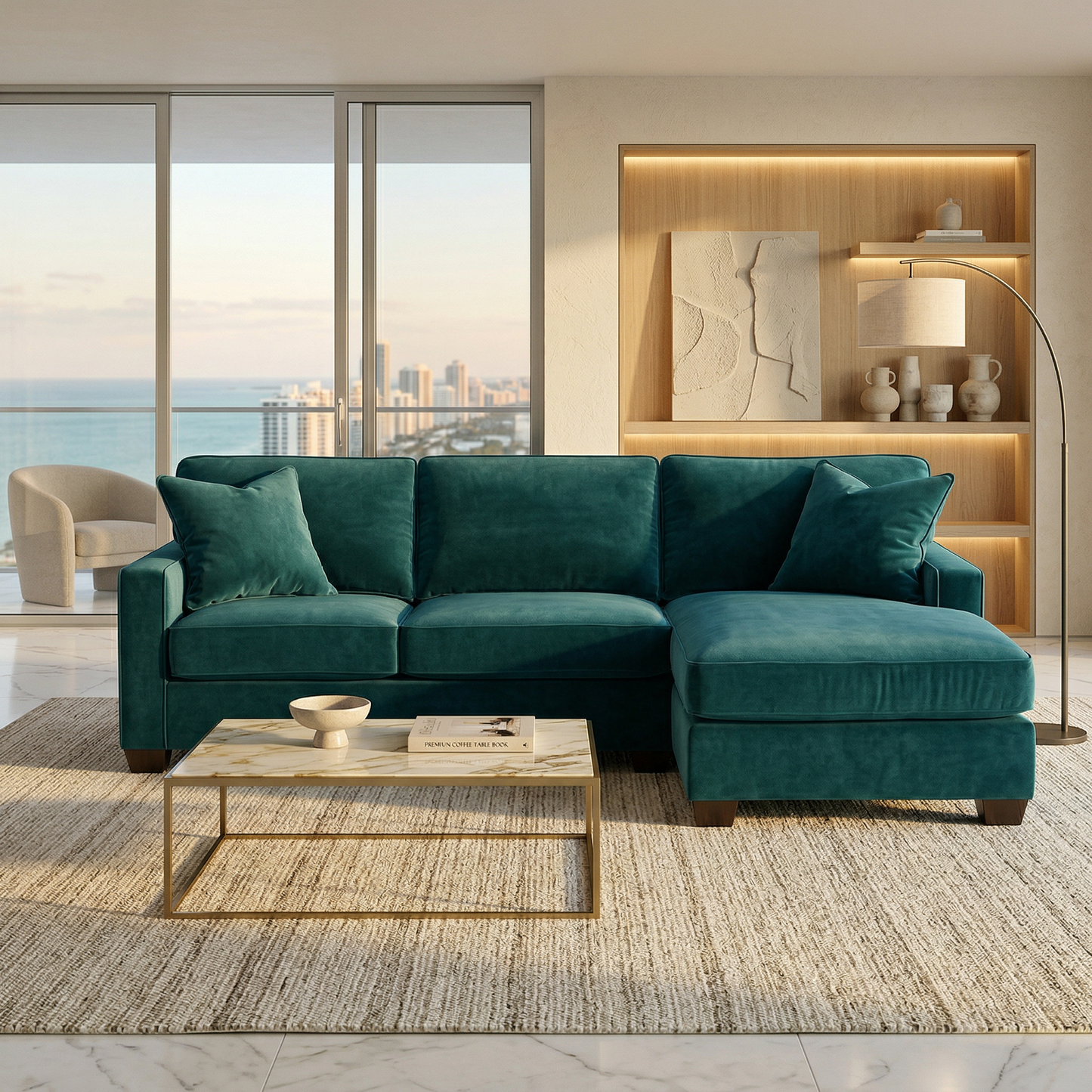 Clifford L-Shaped Sectional Sofa – Made in USA, 9 Fabric Options - Velvet Antique Peacock - Velvet (9)