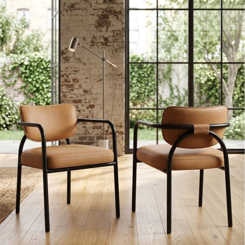 Orson Cognac Upholstered Dining Chair – 24" Black Iron Frame Armchair (Set of 2)