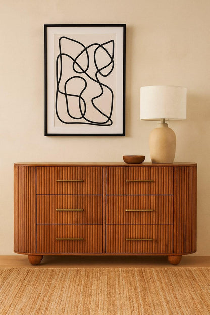 Ridgefront Amber Oak Mango Wood Chest – 53.1" Ribbed 6-Drawer Dresser