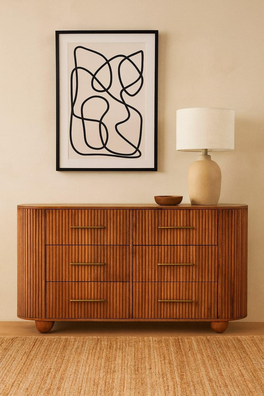 Ridgefront Amber Oak Mango Wood Chest – 53.1" Ribbed 6-Drawer Dresser